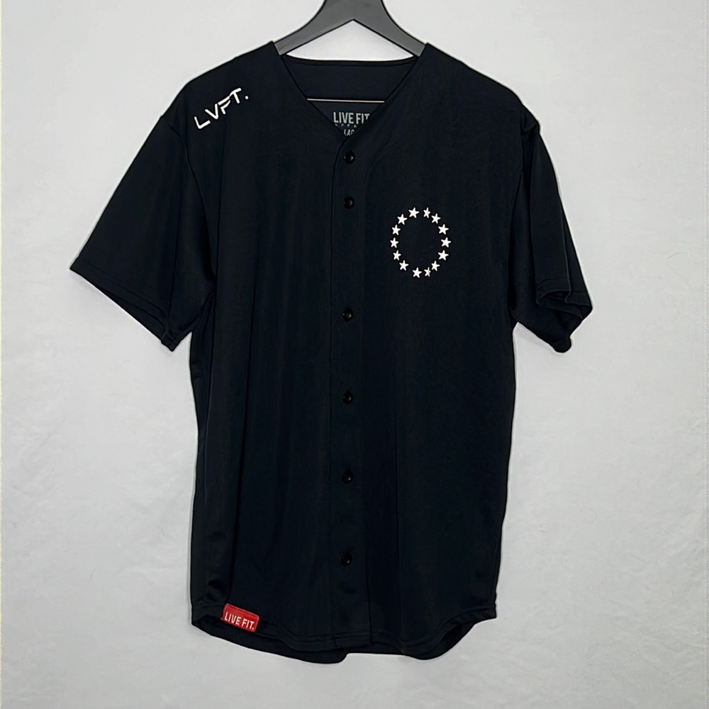 Live Fit Button Front Short Sleeve Jersey Shirt in Black- Size Large